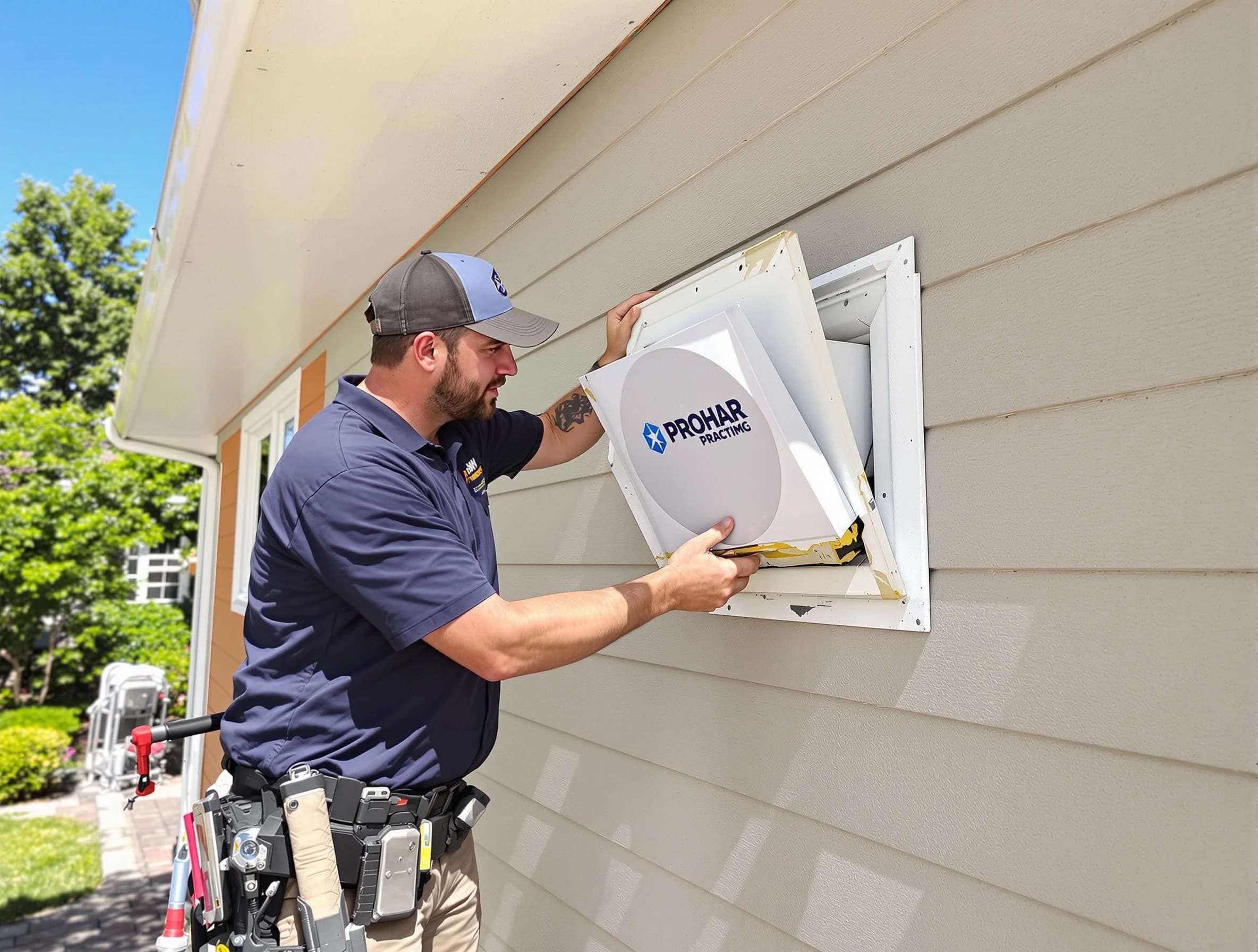 Purcell Dryer Vent Cleaning technician installing a new protective dryer vent cover on a home in Purcell