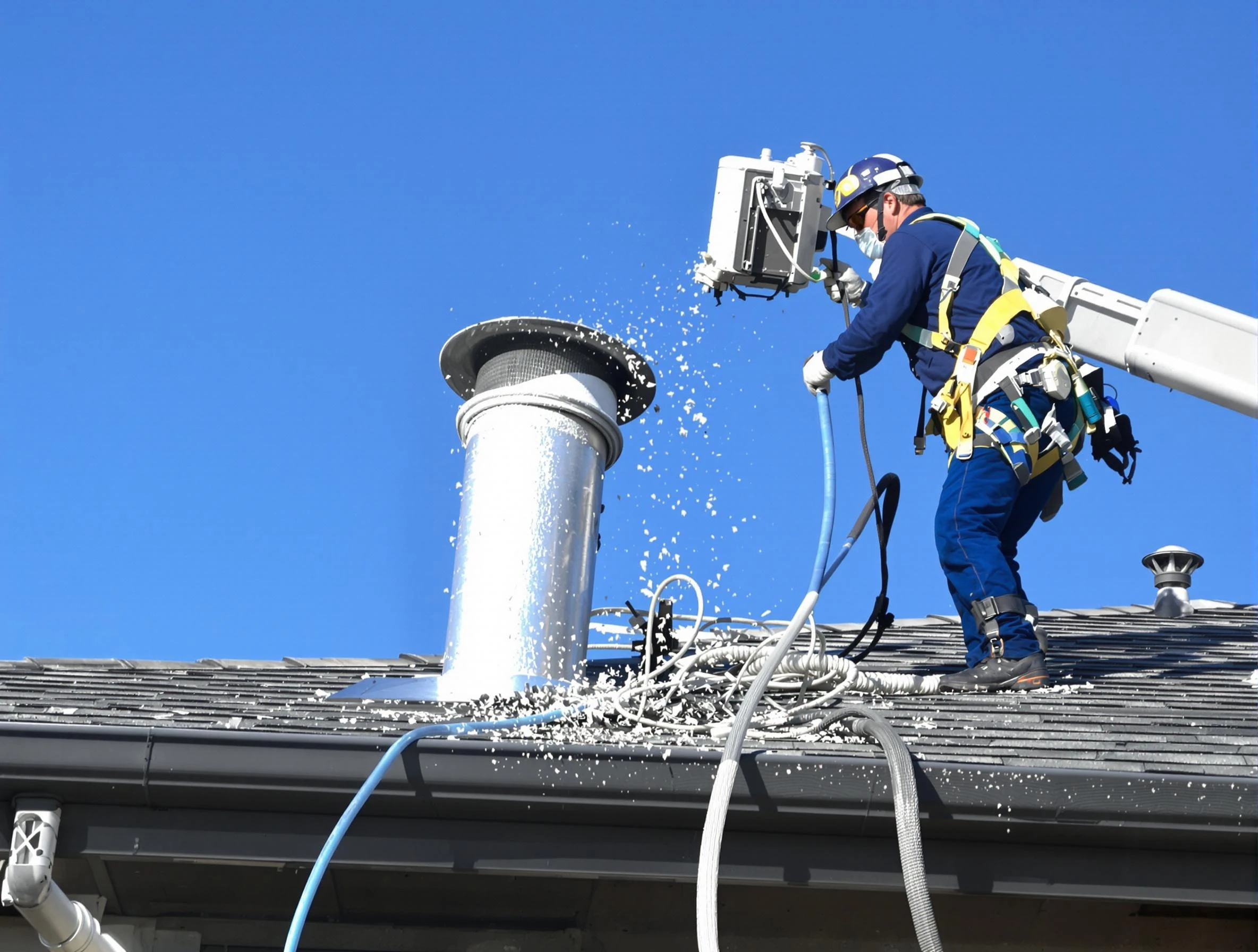 Purcell Dryer Vent Cleaning certified technician safely cleaning a roof-mounted dryer vent in Purcell