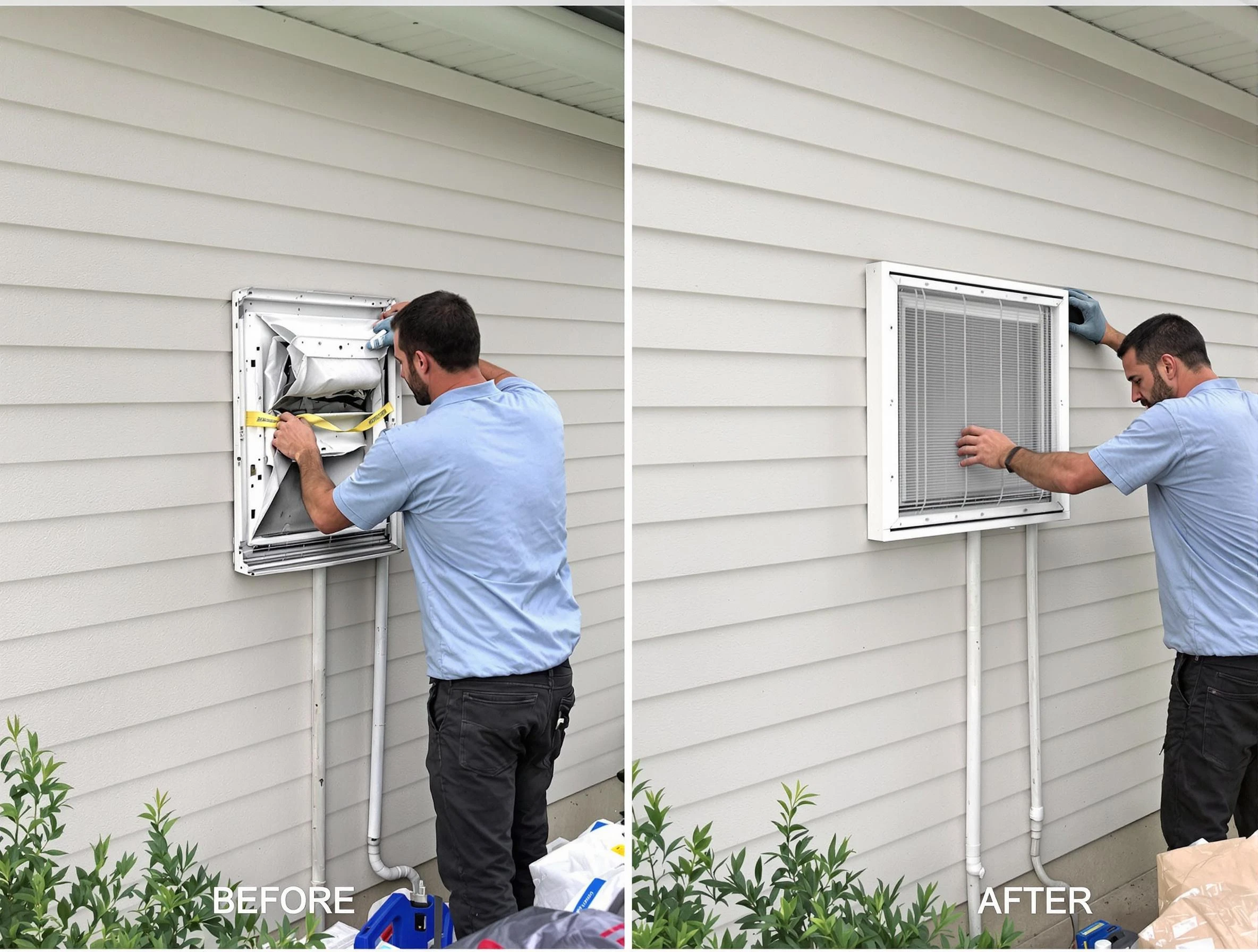 Purcell Dryer Vent Cleaning technician installing high-quality dryer vent cover at a residential property in Purcell